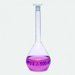 Slika za Volumetric flasks, borosilicate glass 3.3, class A, blue graduated, with PE stoppers, coated