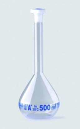 Slika za Volumetric flasks, borosilicate glass 3.3, class A, blue graduated, with PE stoppers
